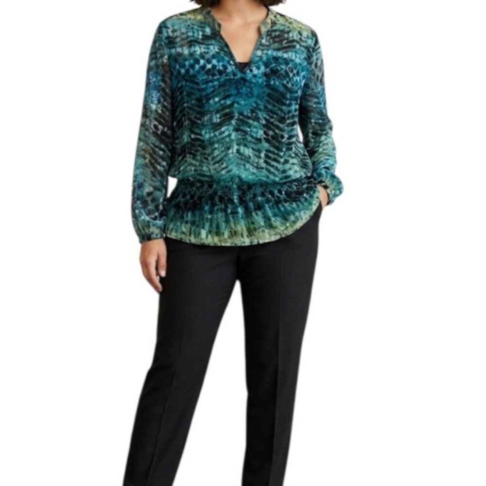Chico's Blue & Green Animal Print Boho Chic V-Neck Peplum Sheer Blouse Large 2